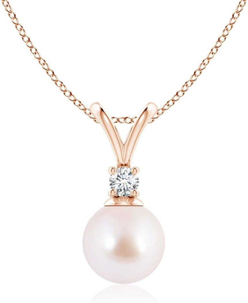 Angara Japanese Akoya Cultured Pearl V-Bale Pendant Necklace for Women, Girls in 14K Solid Gold / Platinum950June Birthstone Jewelry Gifts for Her Birthday, Wedding, Engagement, Valentines Day