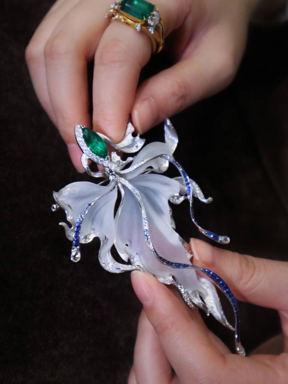 White crystal platinum inlaid with tanzanite, beryl, golden branches and jade leaves brooch! Length 7.8cm width 5.2cm.